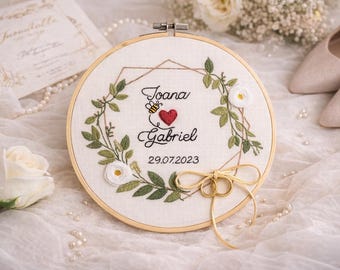 Hand Embroidered Wedding Ring Holder - Personalized Ring Bearer Hoop - Custom Wedding Ring Pillow Alternative - Rustic Floral Ring Cushion