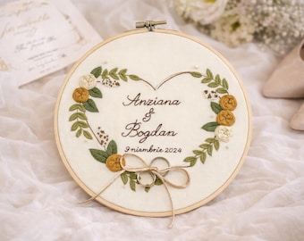 Hand Embroidered Wedding Ring Holder - Personalized Ring Bearer Hoop - Custom Wedding Ring Pillow Alternative - Rustic Floral Ring Cushion