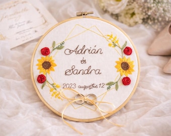 Hand Embroidered Wedding Ring Holder - Personalized Ring Bearer Hoop - Custom Wedding Ring Pillow Alternative - Rustic Floral Ring Cushion