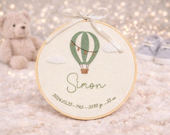 Personalized Baby Name Embroidery Hoop - Hot Air Balloon Nursery Decor -Custom Birth Announcement Hoop- Handmade Baby Gift- Neutral Nursery