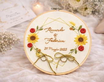 Hand Embroidered Wedding Ring Holder - Personalized Ring Bearer Hoop - Custom Wedding Ring Pillow Alternative - Rustic Floral Ring Cushion