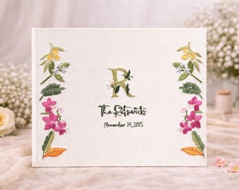 Hand Embroidered Wedding Guest Book - Personalized Wedding Photo Album - Custom Floral Heirloom Album