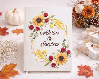 Personalized Wedding Notebook – Embroidered Sunflower Journal – Custom Couple Gift – Rustic Wedding Keepsake – Handmade Floral Notebook