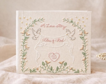 Personalized Wedding Guest Book with Hand Embroidered Cover – Vintage Bird Wedding Keepsake – Luxury Custom Heirloom Album