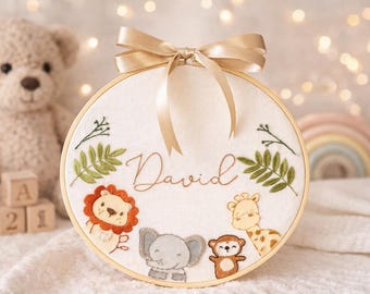 Personalized Baby Name Embroidery Hoop - Nursery Wall Decor - Handmade Animal Hand Embroidered Hoop - Baby Shower Gift - Custom Newborn Gift