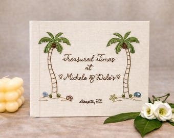 Personalized Beach Wedding Guest Book – Hand Embroidered Palm Tree Guestbook – Custom Wedding Album – Luxury Keepsake Heirloom