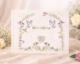 Luxury Wedding Guest Book with Hand Embroidered Cover – Personalized Heirloom Album - Keepsake Signing Book