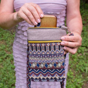 Beige Crossbody Purse, Small Boho Phone Bag with Tapestry Pocket, Thoughtful Mother’s Day Gift for Her