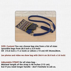 Handmade crossbody bag with a colorful ethnic tapestry pocket and denim strap, shown with a phone inside. Customizable in size from 8.0 x 5.6 inches to 13.6 x 11.2 inches (20 x 14 cm to 34 x 28 cm). Features an adjustable strap up to 46 inches (115 cm), with longer options available on request.