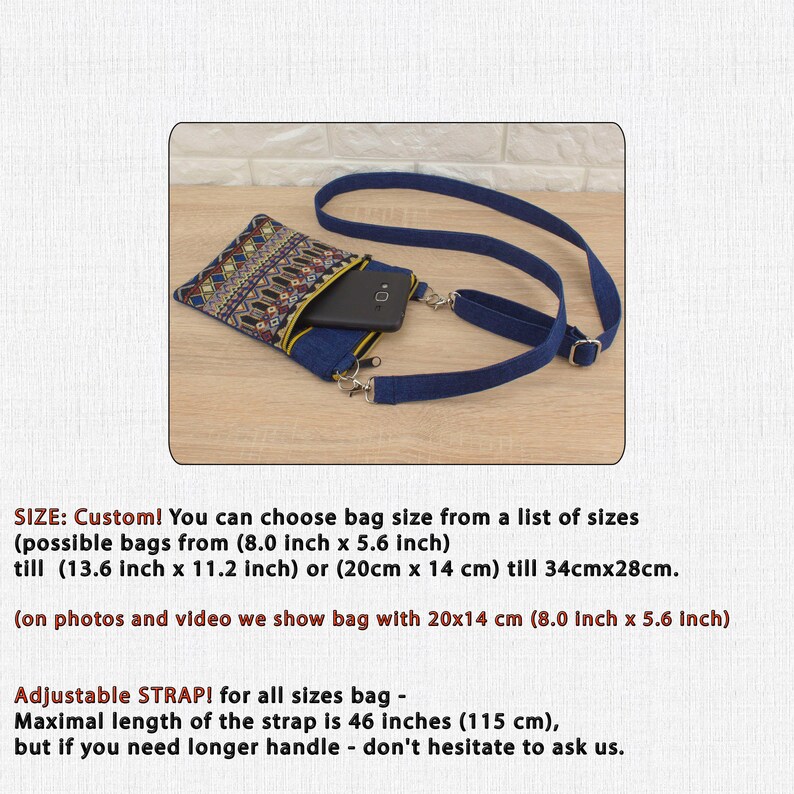 Handmade crossbody bag with a colorful ethnic tapestry pocket and denim strap, shown with a phone inside. Customizable in size from 8.0 x 5.6 inches to 13.6 x 11.2 inches (20 x 14 cm to 34 x 28 cm). Features an adjustable strap up to 46 inches (115 cm), with longer options available on request.