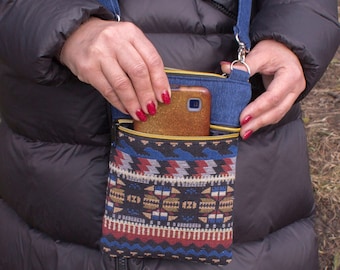 Torebka typu crossbody z dżinsu z zamkami błyskawicznymi, mała torebka na telefon komórkowy z kieszenią w stylu gobelinowym