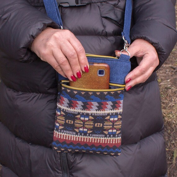 Denim Crossbody Bag with Zippers, Small Cross Body Cell Phone Purse with Tapestry Pocket