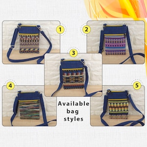 Five different styles of small blue denim crossbody bags with colorful tapestry zipper pockets. The bags have golden colors zippers and adjustable straps. The text 'Available bag styles' is displayed below the bags.