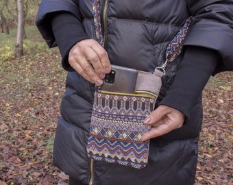 Boho Tapestry Axelväska: Kelim Matta Mobilväska