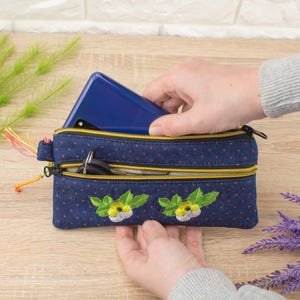 Cartera minimalista con flores bordadas para mujer, Monedero pequeño para celular, Estuche vaquero con cremallera