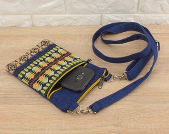 Torebka typu crossbody z jeansu z kieszenią z gobelinu, mała torebka na telefon komórkowy