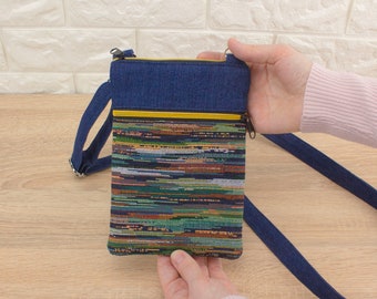 Tapestry Denim Crossbody Phone Bag: Boho Zipper Purse