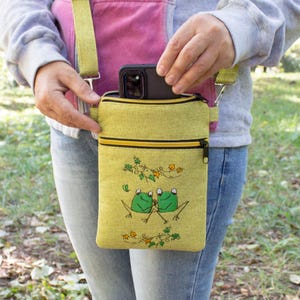 Chartreuse Cell Phone Bag - Handmade Crossbody Purse with Frog Embroidery