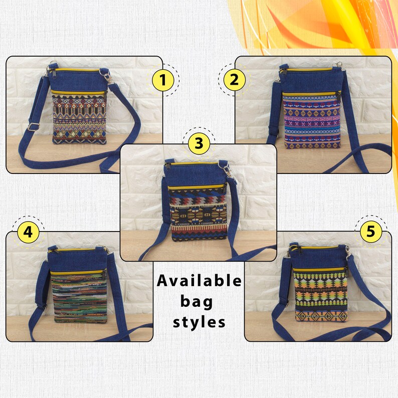 Five different styles of small blue denim crossbody bags with colorful tapestry zipper pockets. The bags have golden colors zippers and adjustable straps. The text 'Available bag styles' is displayed below the bags.