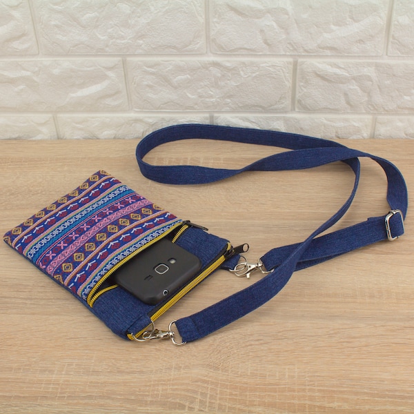 Boho hippie mini bag, Crossbody fabric bags, Mini crossbody pouch, Denim cell phone bag, Crossover bag for women, Small denim crossbody bag