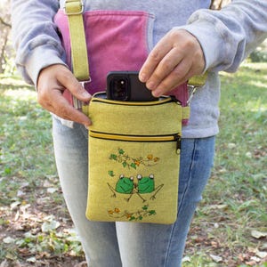 Handmade Frog Crossbody Bag - Chartreuse Embroidered Textile Purse