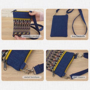 Handmade crossbody bag with blue denim and colorful tapestry front pocket. Features shown include tapestry pocket, plain denim backside, metal hardware, and two zipper compartments. Adjustable denim strap is attached with metal halfrings.