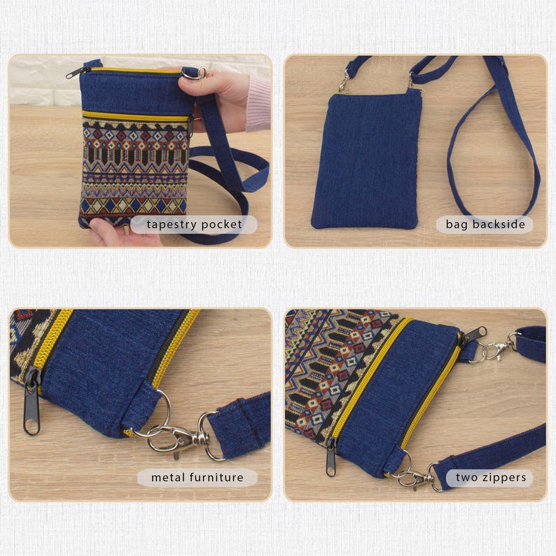 Handmade crossbody bag with blue denim and colorful tapestry front pocket. Features shown include tapestry pocket, plain denim backside, metal hardware, and two zipper compartments. Adjustable denim strap is attached with metal halfrings.