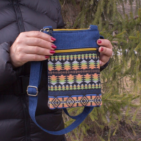 Crossbody purse small, Tapestry bag green and blue, Tapestry crossbody bag, Fabric crossbody bag for women, Mini crossbody bag for women