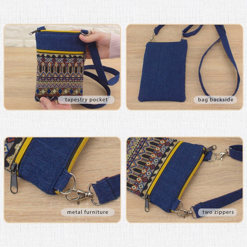 Handmade crossbody bag with blue denim and colorful tapestry front pocket. Features shown include tapestry pocket, plain denim backside, metal hardware, and two zipper compartments. Adjustable denim strap is attached with metal halfrings.