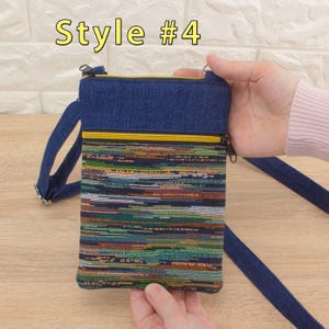 Handmade crossbody bag labeled 'Style #4', featuring a dark blue denim top section, yellow (golden color) zippers, and a bottom pocket made from tapestry textile (geometric pattern).