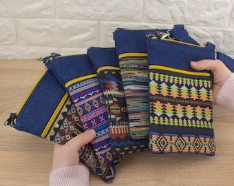 Boho Denim Crossbody Bag: Tapestry Cell Phone Pouch