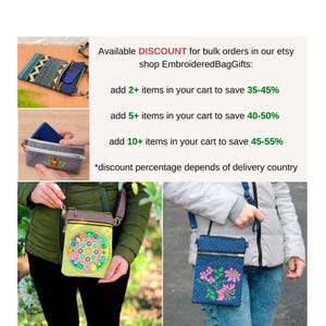 Promotional graphic for EmbroideredBagGifts Etsy shop showing various handmade embroidered crossbody bags and a discount offer for bulk orders, with savings ranging from 35% to 55% depending on quantity and delivery country.