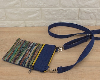 Kilim Tapestry Cell Phone Crossbody Bag: Denim Accent, Handmade Purse