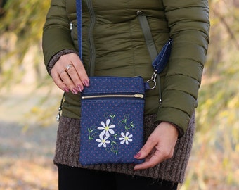 Denim bag purse, Embroidered bag women, Jeans bag for women, Small cross body bag with a zipper, Crossbody cell phone bag