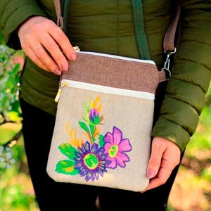 Petit sac à bandoulière pour femme - Sac à bandoulière brodé - Sac à bandoulière pour téléphone portable mignon - Porte-monnaie à fleurs pour téléphone portable - Fermeture à glissière en tissu