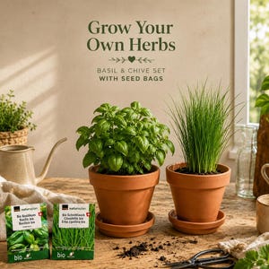May include: A home herb growing kit featuring basil and chives in terracotta pots. The image includes seed packets, a watering can, and the text "Grow Your Own Herbs". The set is designed for home gardening.