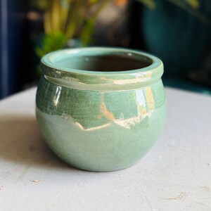 May include: A small, round, green ceramic plant pot with a glossy finish. The pot has a slightly textured surface and a rolled rim. The interior is a darker brown. The background includes a dark blue cabinet and greenery.