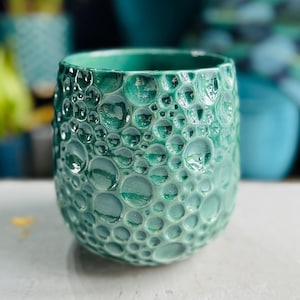 May include: A teal green ceramic planter with a textured bubble design. The planter is round and has a wide opening.