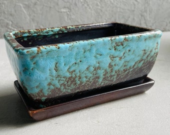 RECTANGLE AQUAMARINE POT | Earthy Glazed Pot | Patterned Design | With Drainage Hole & Saucer | Stunning Planter | Earthenware | Bonsai Pot