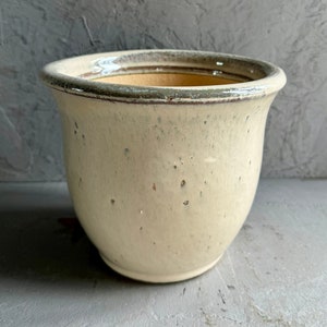 May include: A cream ceramic plant pot with a speckled finish. The pot has a rounded shape with a slightly flared rim and a dark brown trim. The interior is a light tan colour. Suitable for indoor or outdoor use.