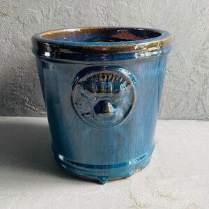 May include: A blue ceramic plant pot with a glossy finish. The pot has a raised lion's head emblem and a brown rim. The pot is approximately 20 cm tall and 20 cm in diameter, suitable for indoor or outdoor use.