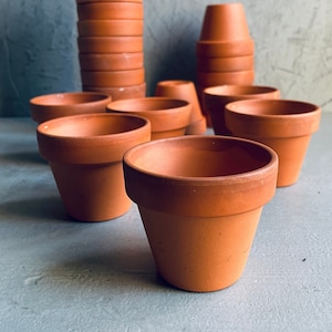 May include: A collection of terracotta flower pots of various sizes. The pots are arranged in a semi-circle on a grey surface. Some of the pots are stacked on top of each other.