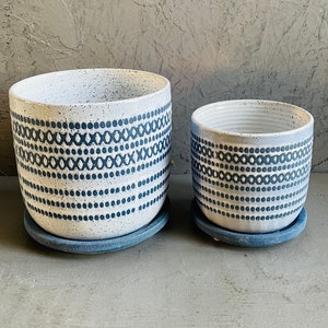 PATTERNED POTS + SAUCER | Blue Earthy Glazed Pot | Patterned Design | With Drainage Hole & Saucer | Stunning Planter | Earthenware