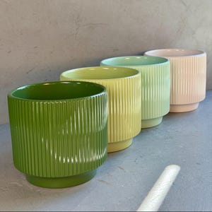 May include: Four ceramic plant pots in a row, each a different pastel colour: green, yellow, light green, and peach. The pots have a ribbed texture and a cylindrical shape with a small base. Suitable for indoor plants.