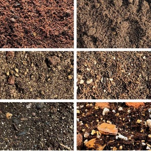 May include: A collage of six distinct soil and potting mix textures. The panels display various compositions including fibrous reddish-brown coconut coir, dark fine-grained earth, sandy loam with small pebbles, and coarse mixes containing white perlite.