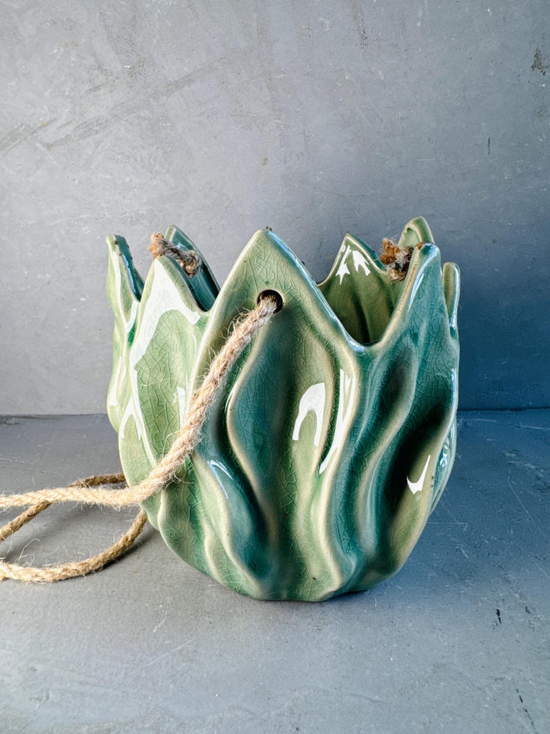HANGING GLAZED POT | Glazed Clay Pot With Natural Hanging Thread | Stylish Design | Stunning Planter | Earthenware | Botanical Leafy Style bild 7