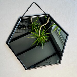 May include: A black hexagonal mirror with a chain for hanging. The mirror reflects a plant with green leaves.