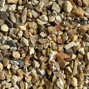May include: A close-up image of a variety of small, irregularly shaped, light brown, tan, and grey stones. The stones are mostly smooth and have a natural, earthy appearance.