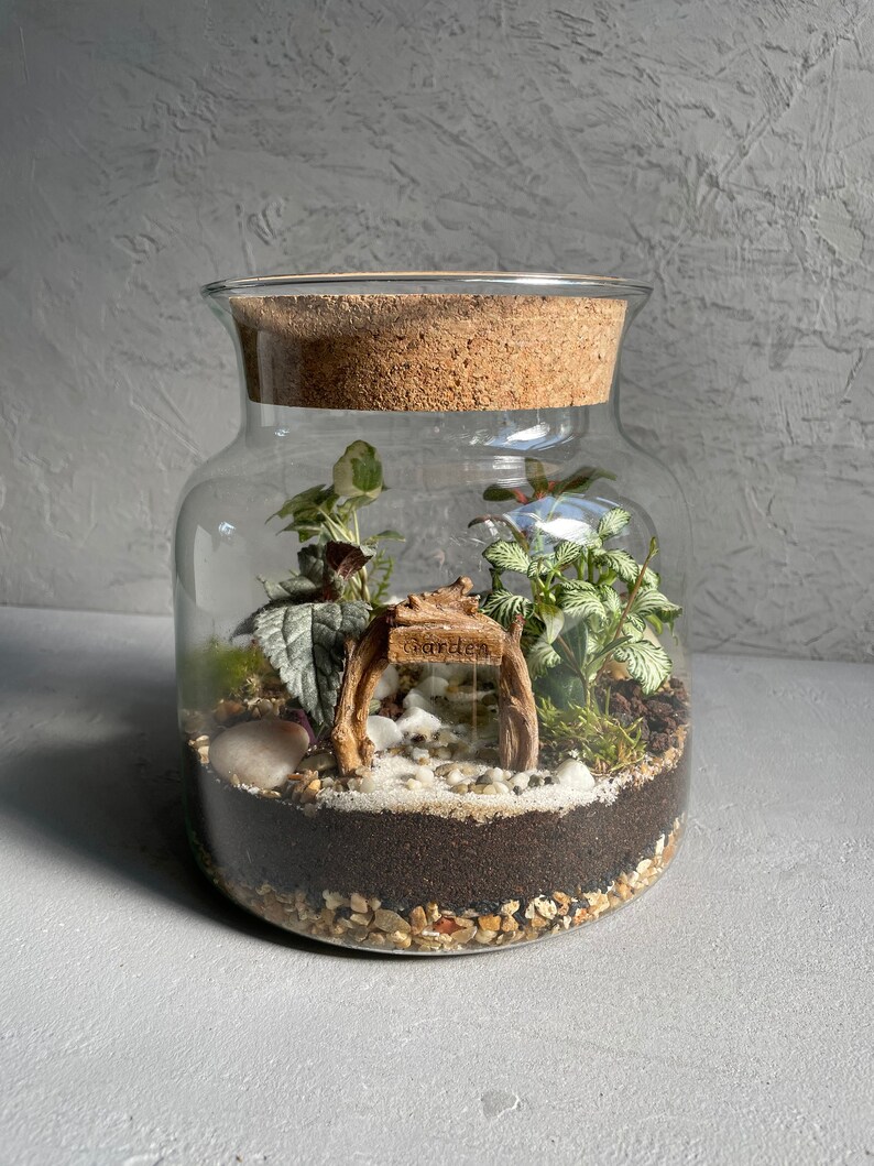May include: A glass terrarium with a cork lid, filled with small plants, moss, rocks, and a miniature wooden sign that says "Garden".