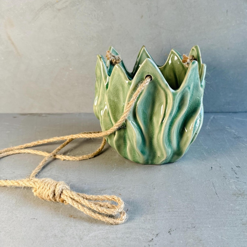 HANGING GLAZED POT | Glazed Clay Pot With Natural Hanging Thread | Stylish Design | Stunning Planter | Earthenware | Botanical Leafy Style bild 3